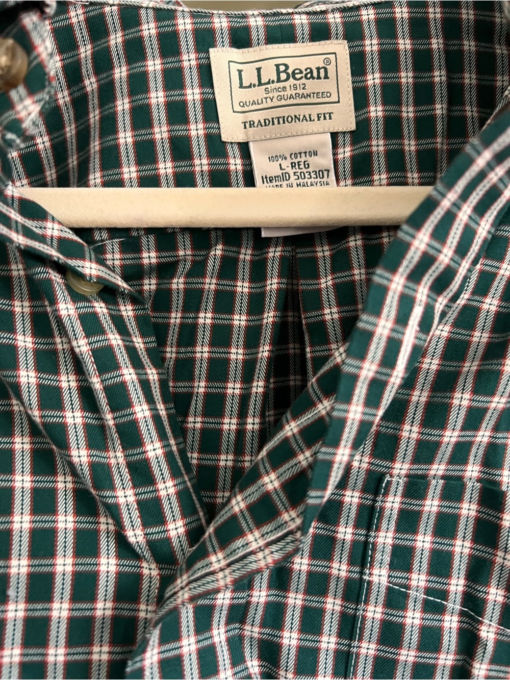 L.L. Bean Green, White & Red Plaid Traditional-Fit Shirt